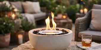 Friends gathered around a built-in fire pit table on a patio