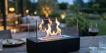 Burning logs in a tabletop fire pit